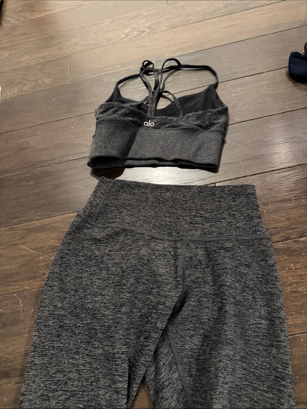 ALO Yoga Women's Charcoal Heather Leggings and Strappy Sports Bra Set